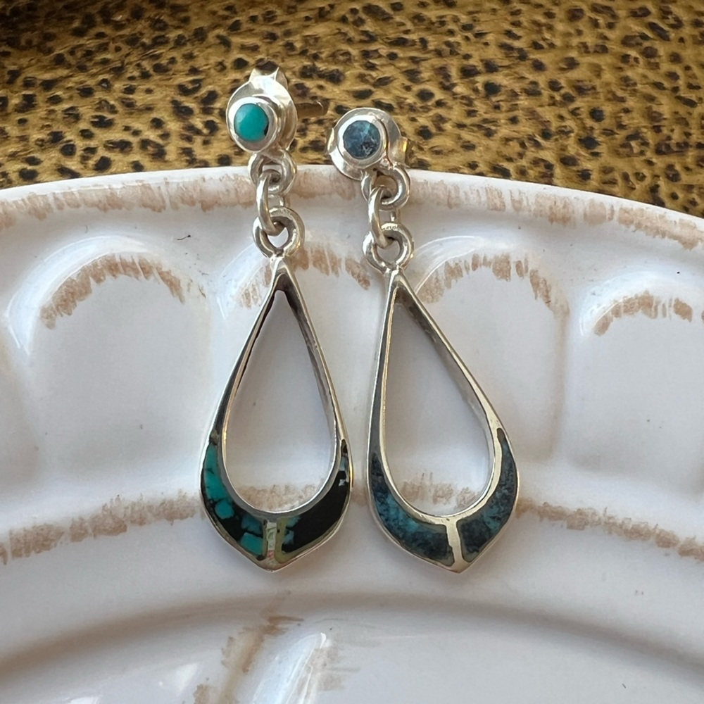 Vintage Sterling Silver Turquoise Inlay Teardrop Earrings 925 NOS - Picture 2 of 5